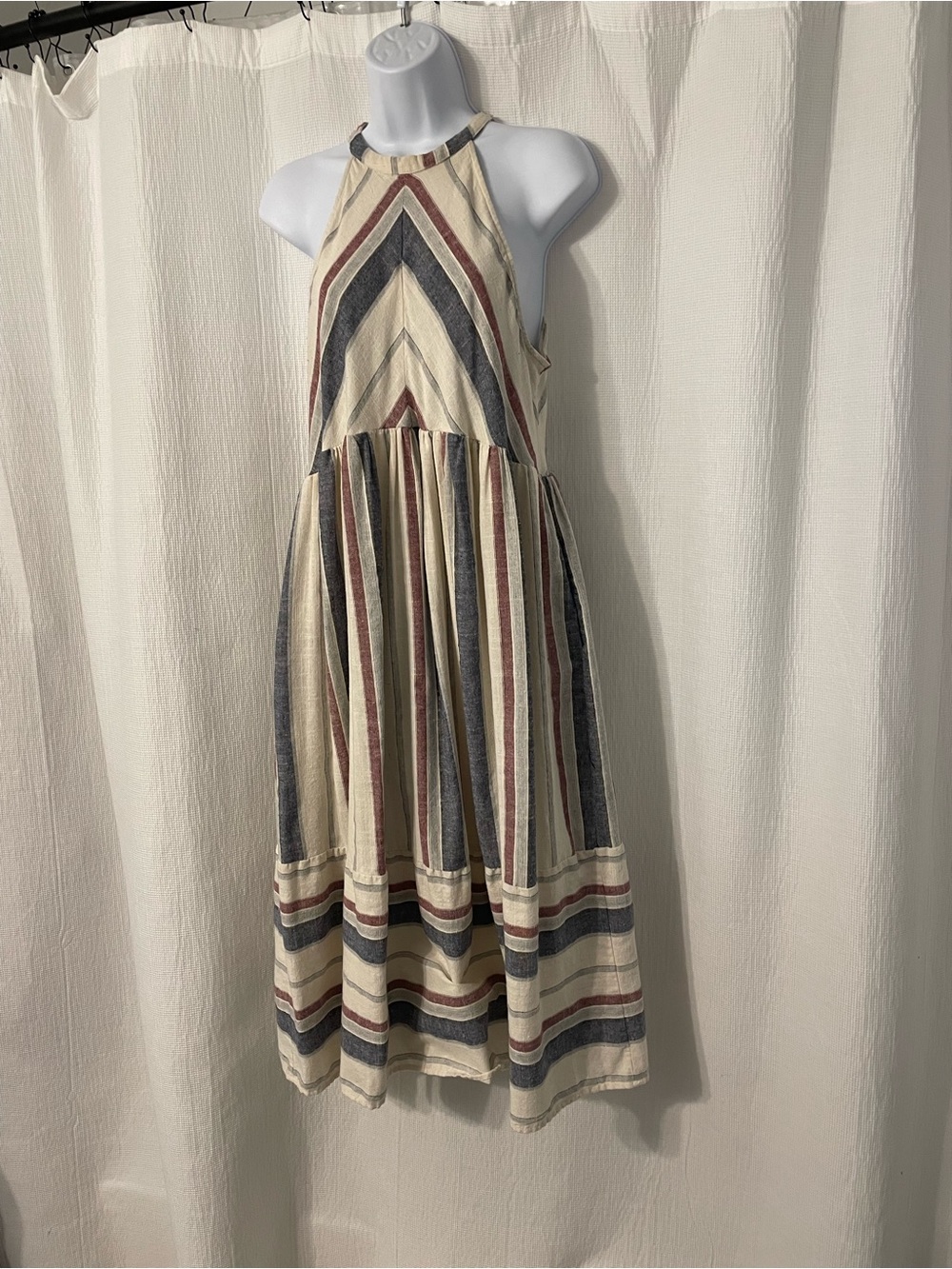 Boho Striped Halter Tie Midi Dress in Faded Red, Blue, Cream